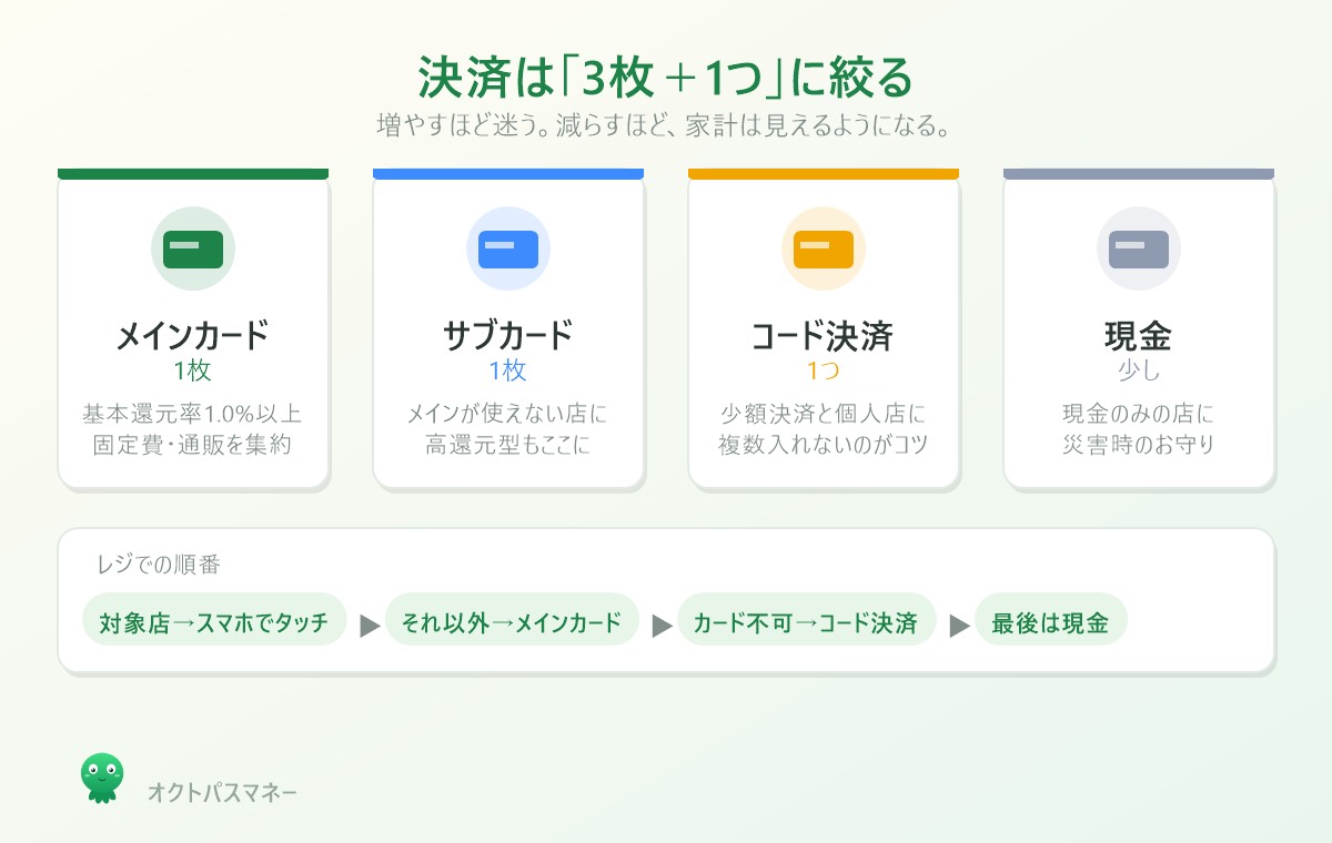 決済を3枚プラス1つに絞る整理術。メインカード1枚、サブカード1枚、コード決済1つ、そして現金は少額のお守りとして持つ