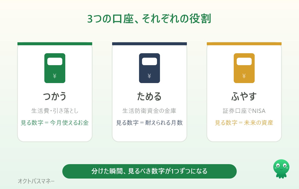 銀行口座の使い分け。つかう口座は生活費と引き落とし、ためる口座は生活防衛資金、ふやす口座は証券口座でNISA