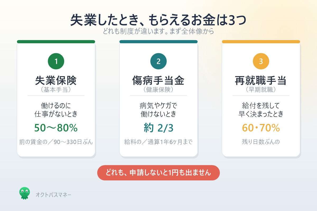 失業したときにもらえるお金3つ 失業保険と傷病手当金と再就職手当の全体像