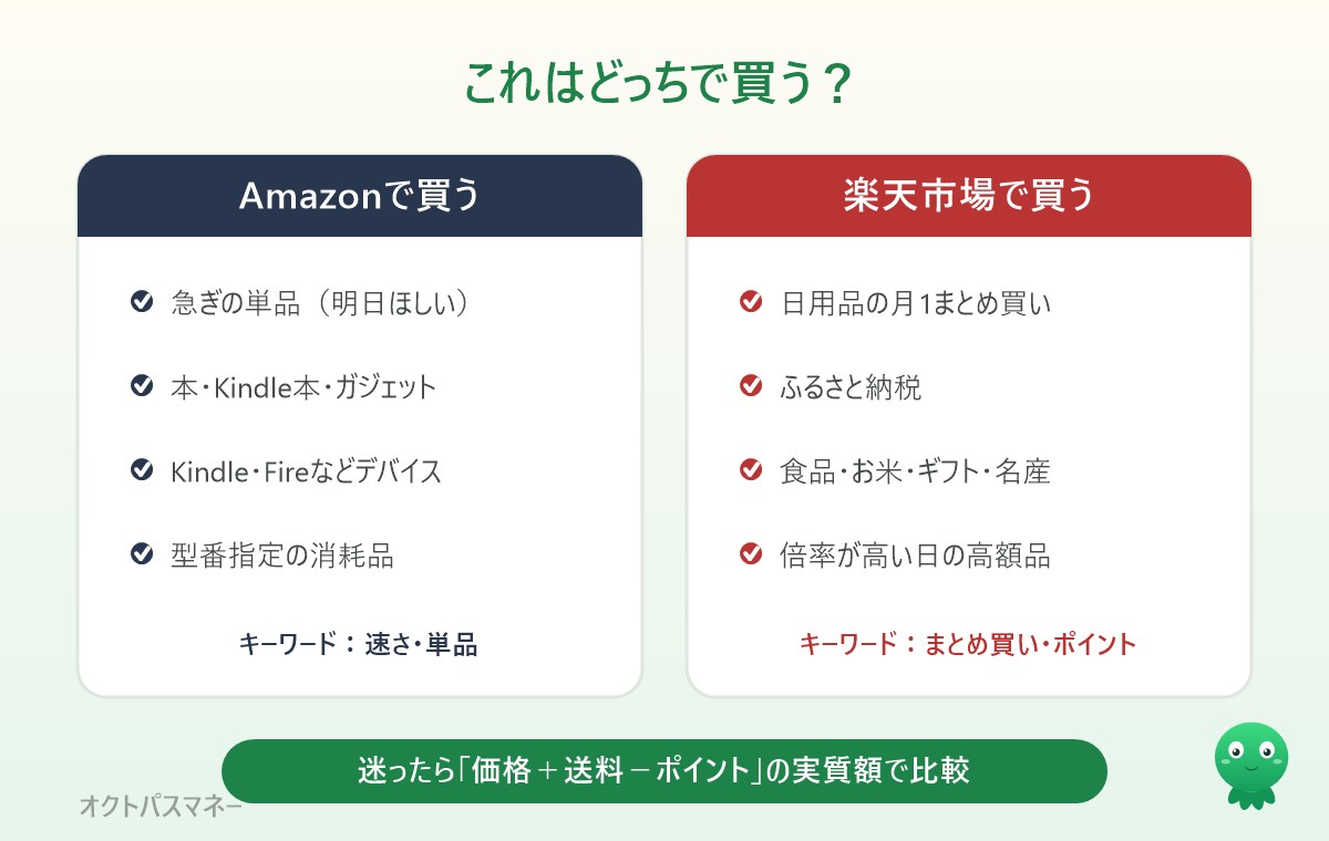 Amazonと楽天市場の使い分けマップ。急ぎ・単品・デバイスはAmazon、まとめ買い・ふるさと納税・経済圏はお楽天