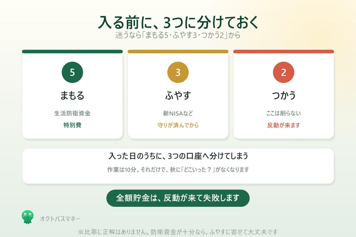 ボーナスは入る前に3つに分ける まもる5 ふやす3 つかう2