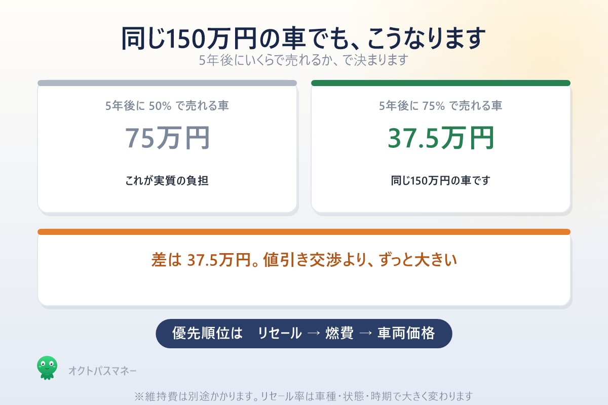 同じ150万円の車でもリセール50%なら実質75万円 75%なら37.5万円で差は37.5万円