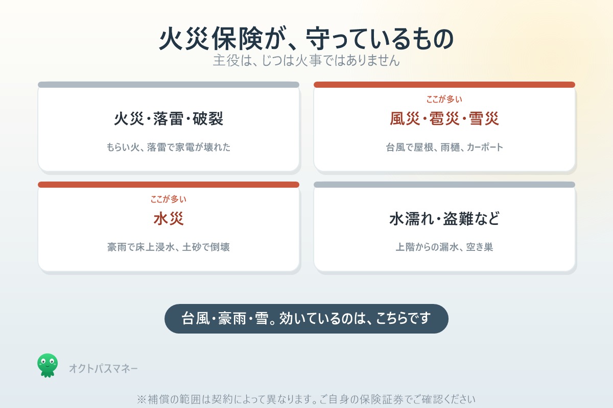 火災保険が守っている範囲 火災落雷と風災雹災雪災と水災と水濡れ盗難