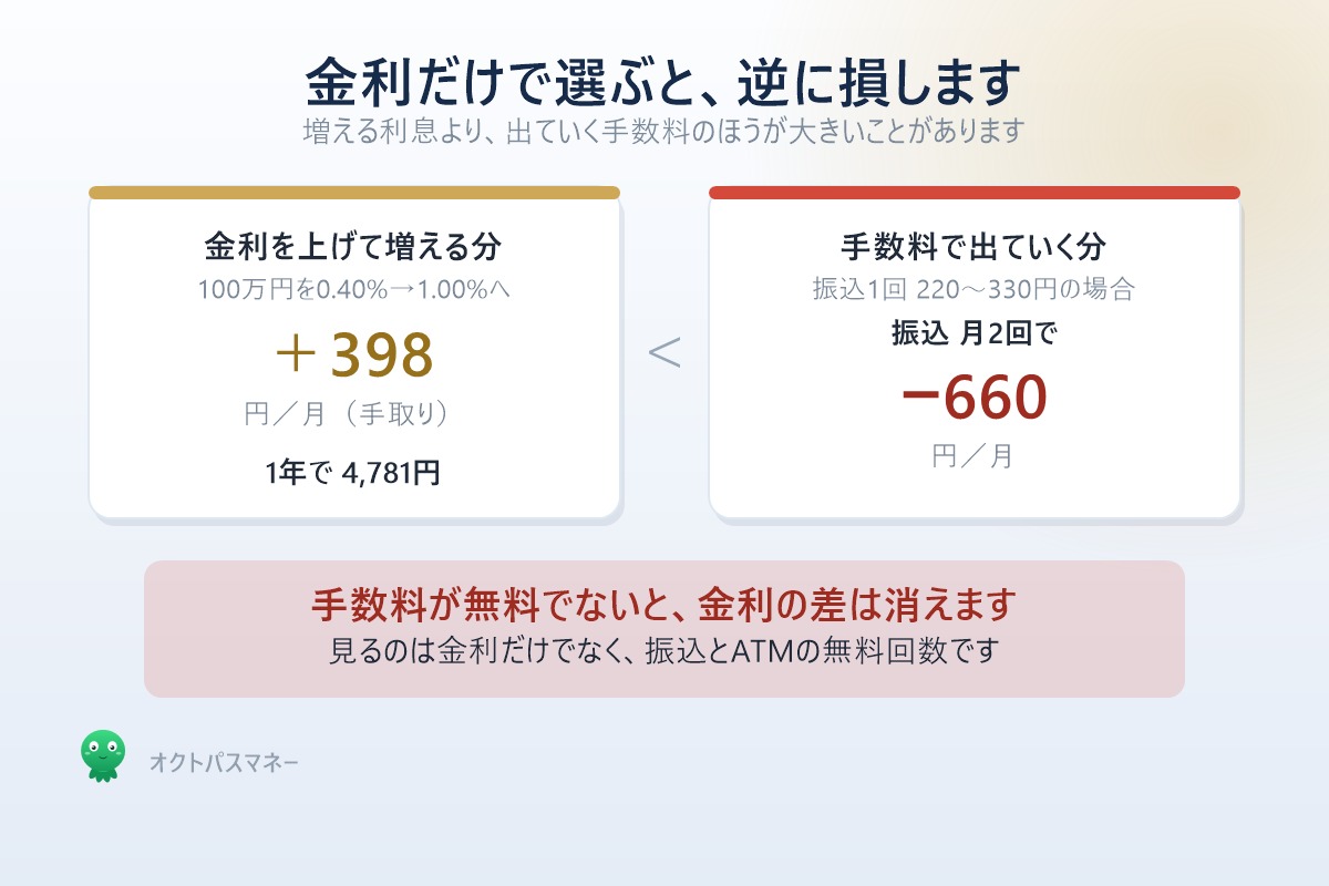 金利を上げて増える月398円と、振込手数料で出ていく月660円の比較