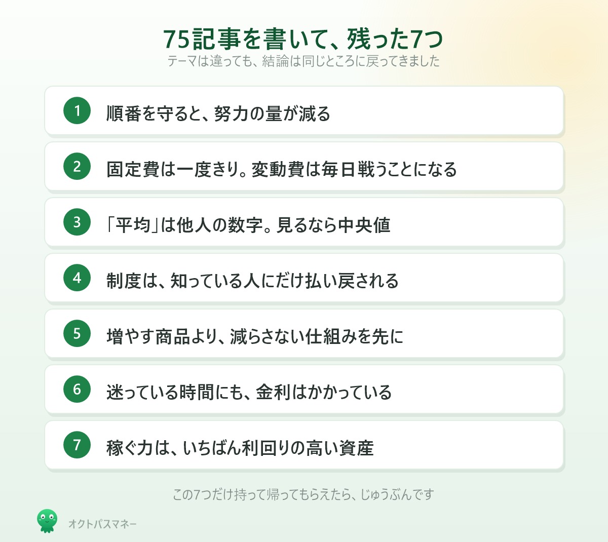 オクトパスマネーの75記事から導かれた7つの原則 順番 固定費 中央値 制度 仕組み 時間 稼ぐ力