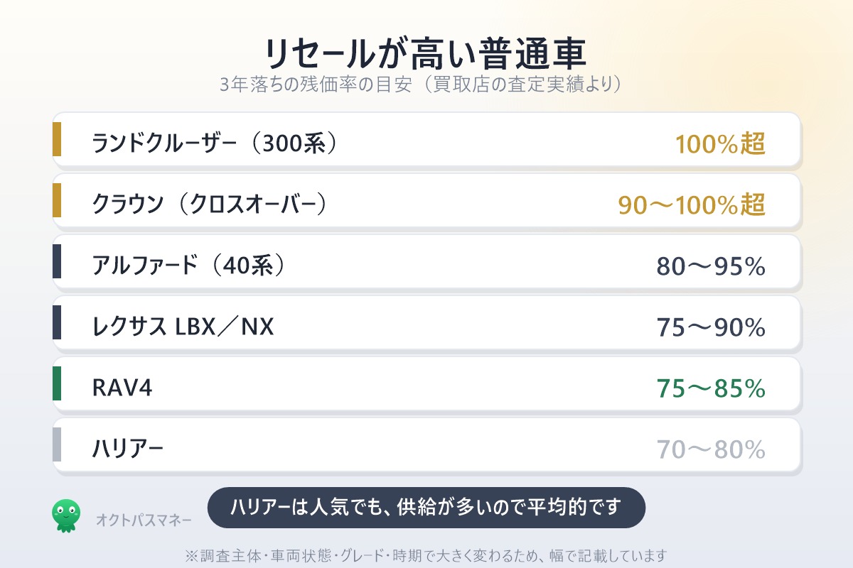 リセールが高い普通車 ランドクルーザー100%超 クラウン アルファード レクサス RAV4 ハリアー